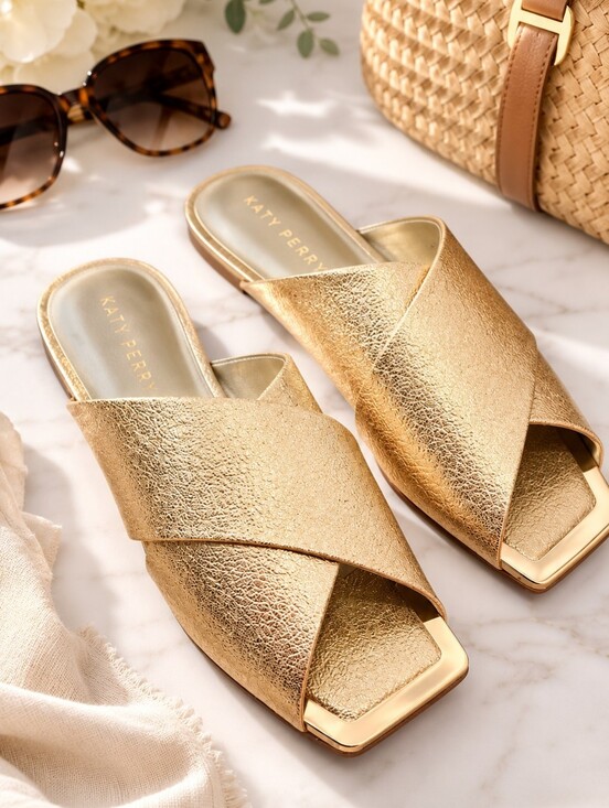 Katy Perry Collections Shoes - Katy Perry Checked In Gold Metallic Leather Slide Sandals NIB Size 8